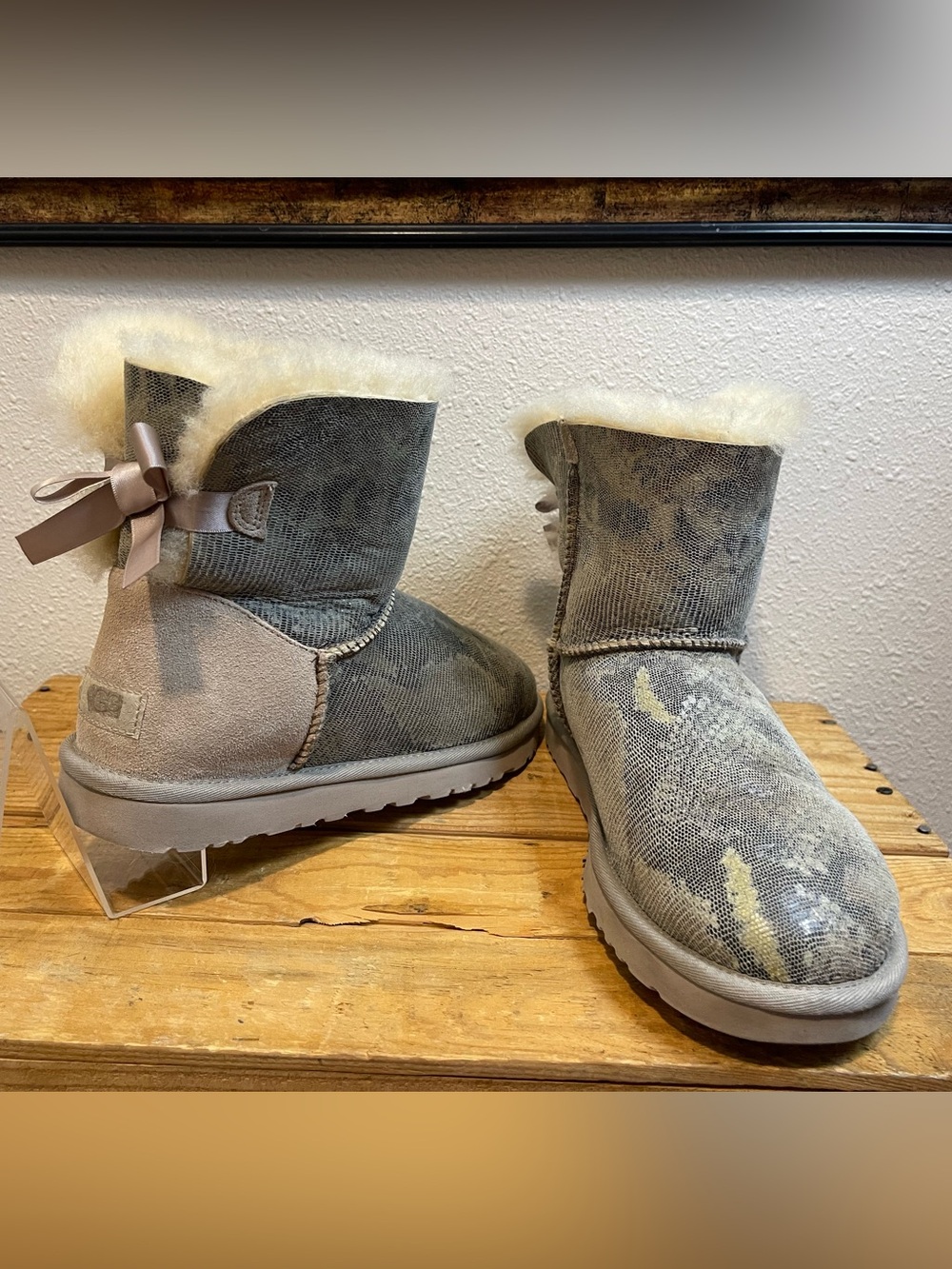 UGG Gray Snake Print Bailey Bow Boots Size 9